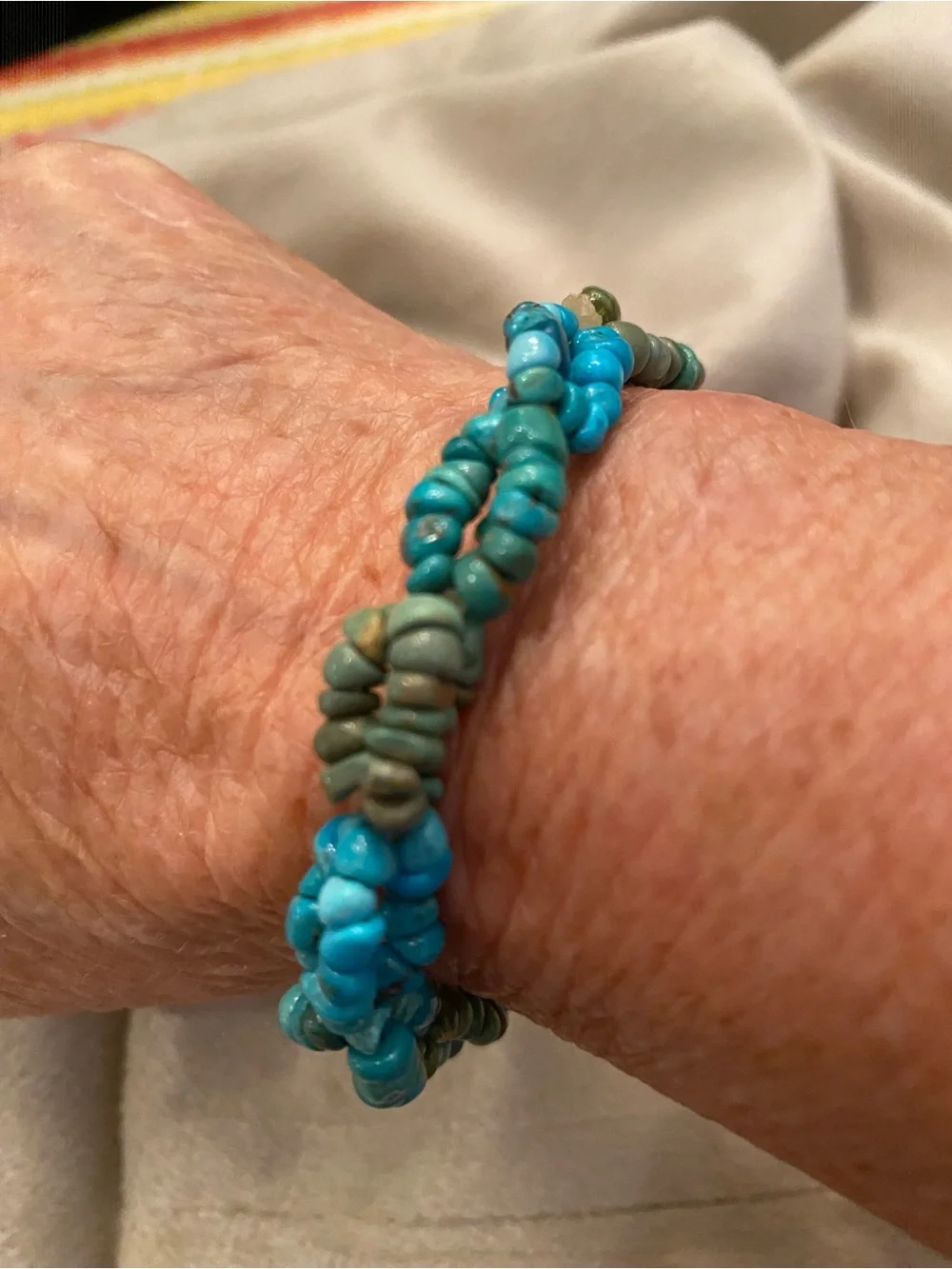 Turquoise & Olive Chip Stretch Bracelet - Blue Green Beaded Jewelry